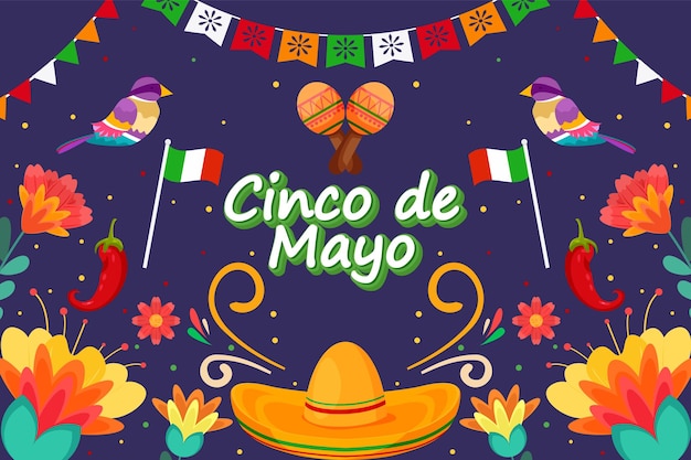 Vettore fondo piatto del festival di festa di cinco de mayo con l'elemento