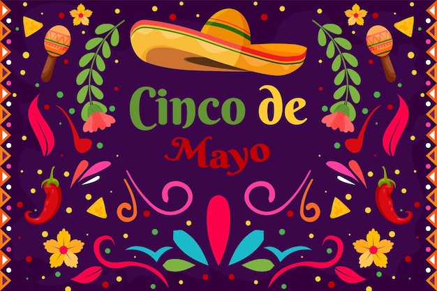 Плоский мексиканский праздничный фон Cinco De Mayo с элементом частиц