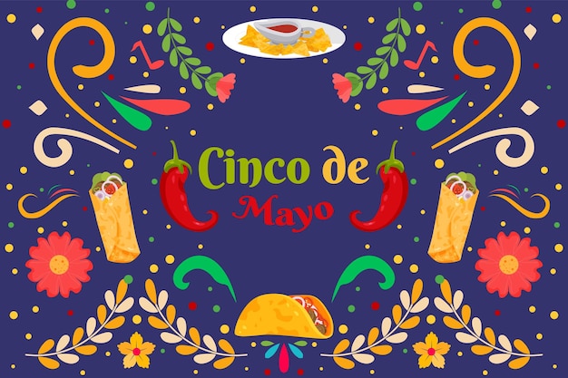 Плоский мексиканский праздничный фон cinco de mayo с элементом частиц