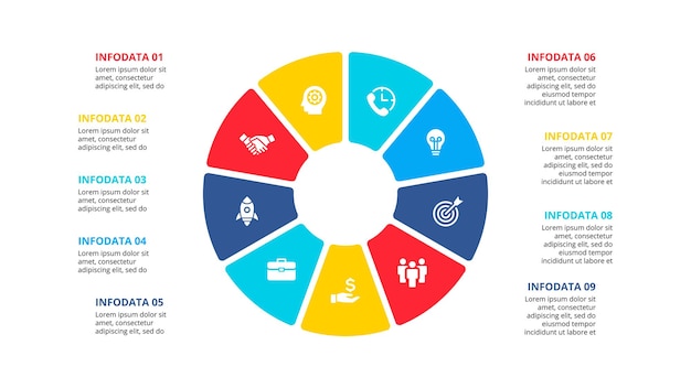 Flat circle element for infographic with 9 parts options or steps Template for cycle diagram