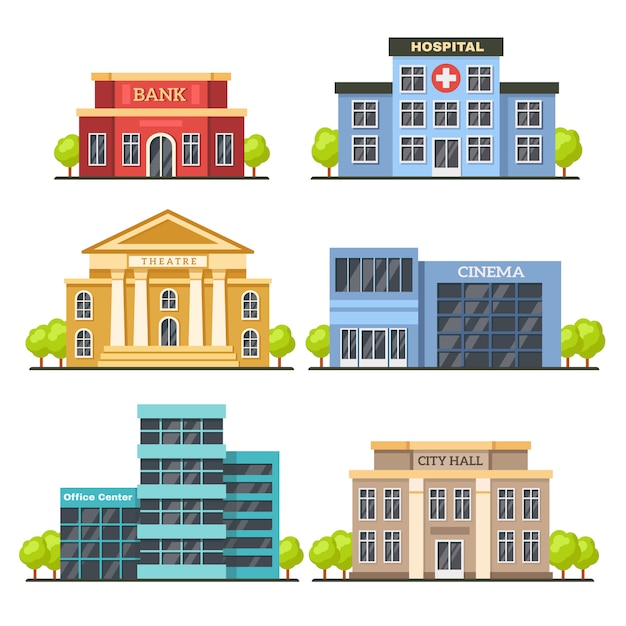 Flat city buildings. contemporary office center, hospital facade and city hall building. modern theater and cinema vector illustration