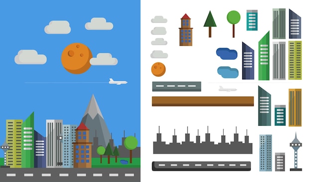 Vettore gli elementi della città piatta hanno impostato gli elementi di un'illustrazione piatta della città