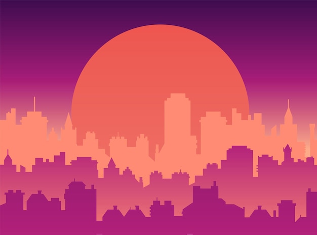 Paesaggio urbano piatto con cielo al tramonto e skyline della città moderna del sole