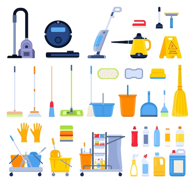 Vector flat cleaning tools brooms rags brushes and detergent bottles household vacuum cleaner steam mop buckets sponges and wipes vector set equipment and chemicals for house or office cleanup