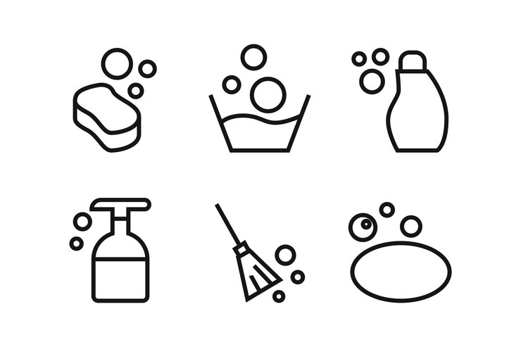 Vector flat cleaning web icons in line style such as washing sponge washing dishes