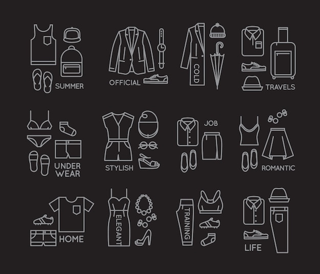 Vector flat clothes complect icons black