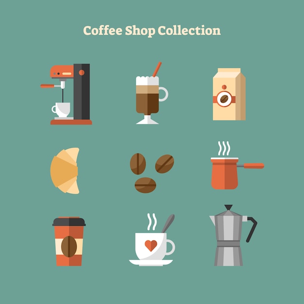 Flat coffee shop icon collection