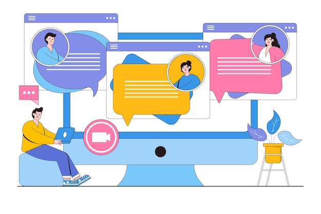 オンライン ビジネス コンセプトのビデオ通話によるコミュニケーションを議論するフラットな同僚アウトライン デザイン スタイルの最小限のベクトル図