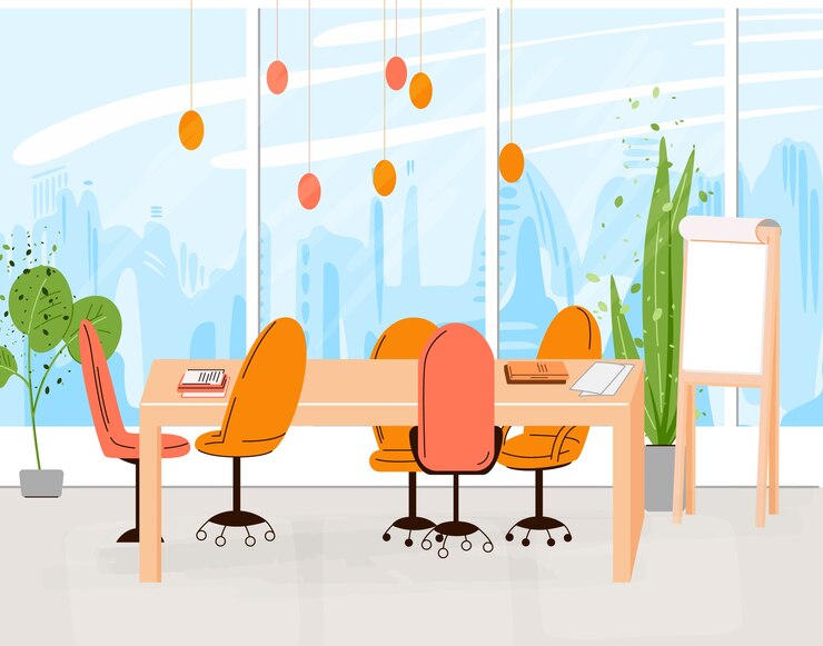 Vector  flat collection of creative workplace with modern open space and empty office interior - business and contemporary co-working illustraton. flat horizontal composition.