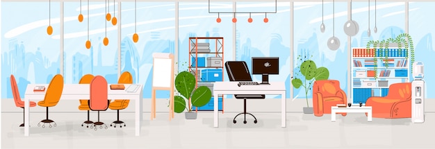 현대적인 열린 공간과 빈 사무실 인테리어-비즈니스 및 현대 공동 작업 Illustraton 창조적 인 직장의 플랫 컬렉션. 평평한 수평 조성.