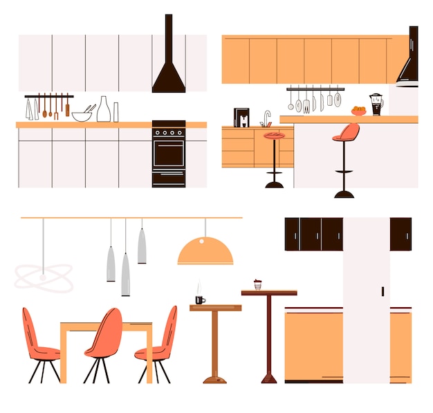 ベクトル ホームキッチンモダンな家具-キッチンテーブル、バーチェア、ディナーテーブル、炊飯器、クックアクセサリーのフラットコレクション。白で隔離されるモダンなシンプルなキッチンセット。