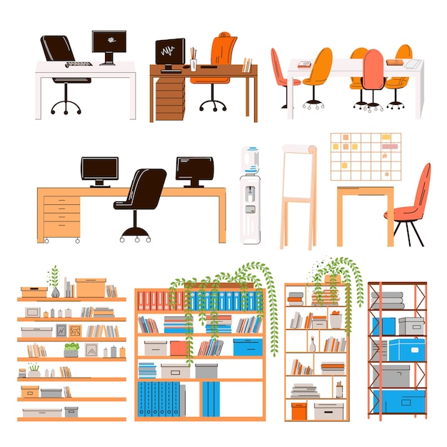  flat collection of office and home work places, work stations - set of Furniture for team - desk with monitor, table, chair, office water, manager seat, conference table, shelfs with plants.