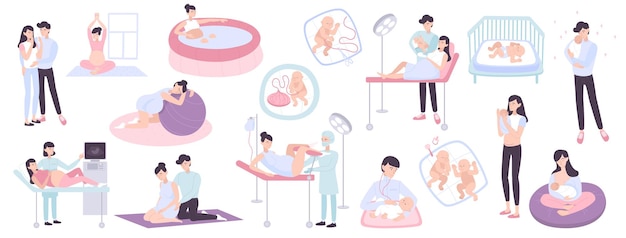 Vector flat collection of pregnancy childbirth and maternity scenes with young parents doctors and newborn children isolated vector illustration