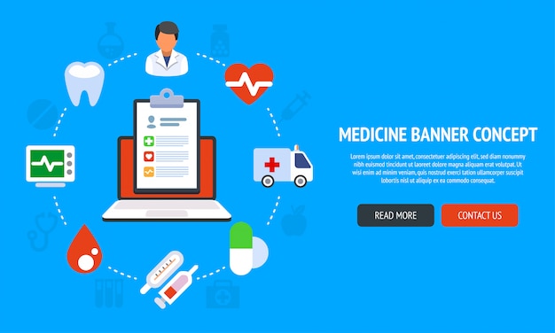 Плоский дизайн баннера для медицины и здравоохранения и онлайн-лечения.