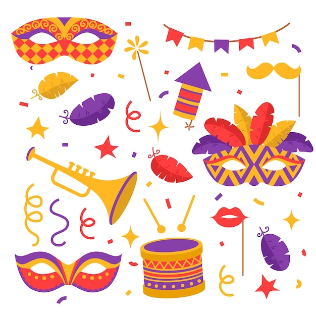 Vettore simboli di carnevale di colore piatto, maschere, fuochi d'artificio, coriandoli con bandiere, tromba e tamburo