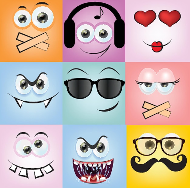 Collezione emoji a colori piatti sorriso felice faccia piangente triste e espressioni facciali arrabbiate icone vettoriali emoticons