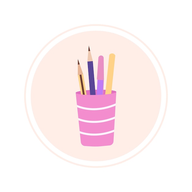 Vector flat color glass with pencils icon on round background