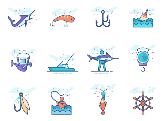Flat color icons fishing