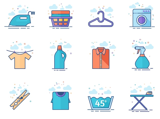 Vector flat color icons laundry