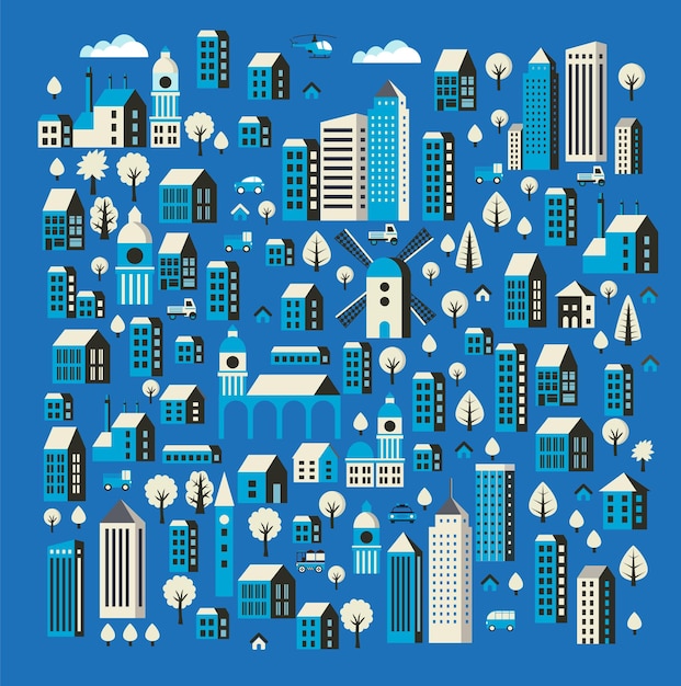 Вектор Плоское цветное здание городского стиля в виде значков и синих цветов с транспортом и деревьями