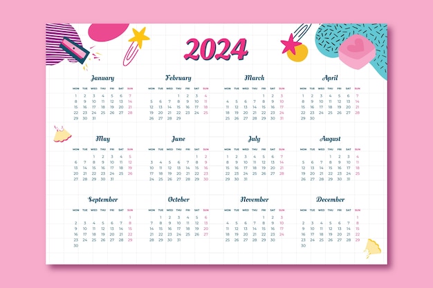 Flat colorful 2024 calendar template with stationery