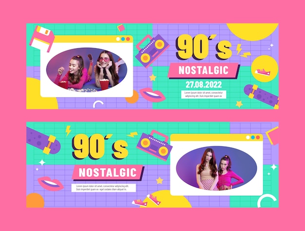 Flat colorful 90s party horizontal banners pack