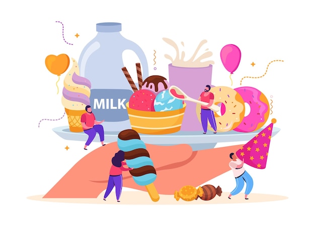 Flat colorful composition with human hand holding plate with assorted ice cream desserts milk and tiny characters vector illustration