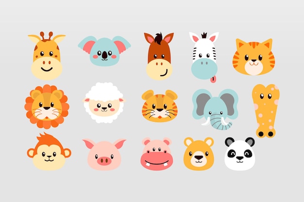 Flat colorful cute animals doodle vector illustration