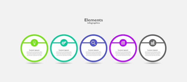 Piatto colorato infografica elementi di business astratto con cinque fasi