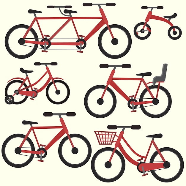 Flat colorful red vector bicycle set