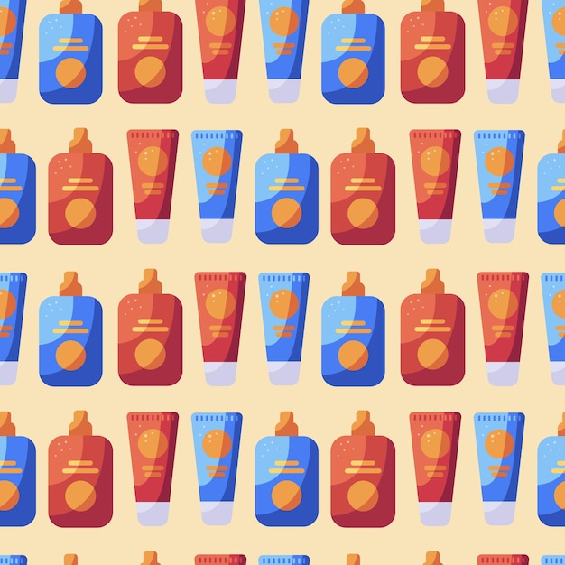 Vector flat colorful summer seamless pattern with bottles of sun cream beach party