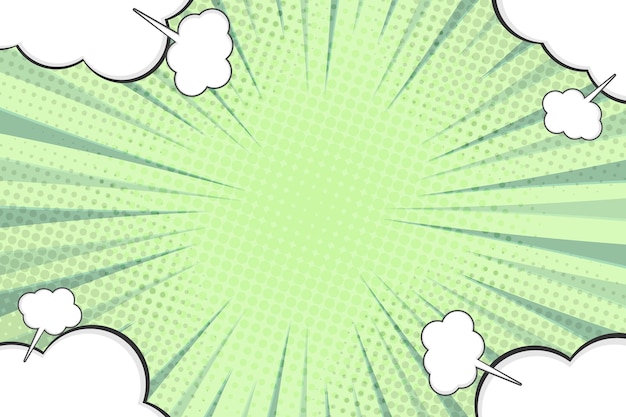 Плоский комический фон с векторной иллюстрацией зеленого цвета облаков