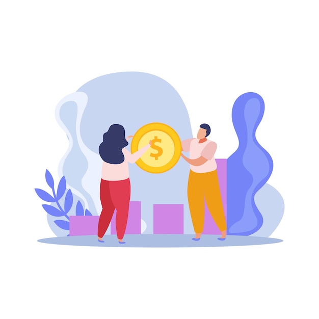 Flat composition with business people holding coin and diagram