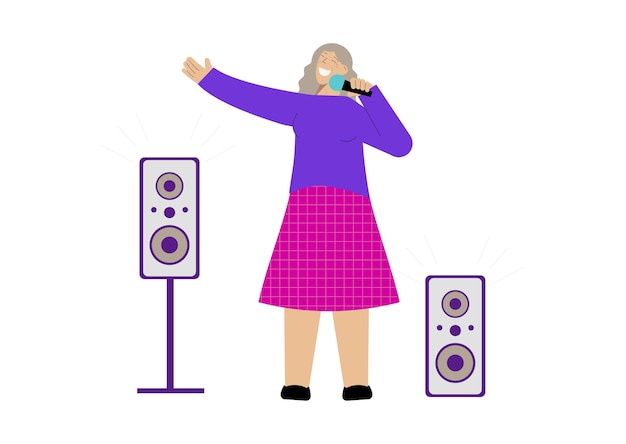 Flat composition with happy senior woman singing in microphone