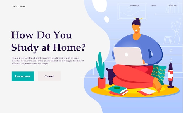Плоский концепт баннер. фрилансер, работающий дома. студент учится онлайн.