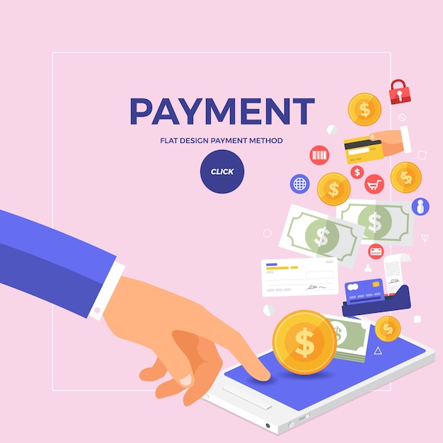 Flat concept online payment with click on mobile