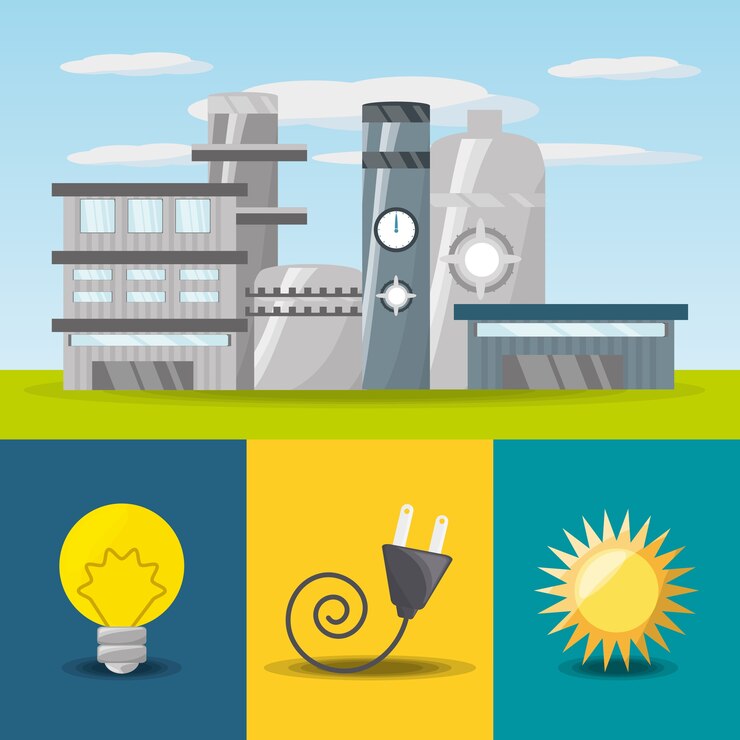 Vector flat concept related with power plant, bulb, connecter and sun icon