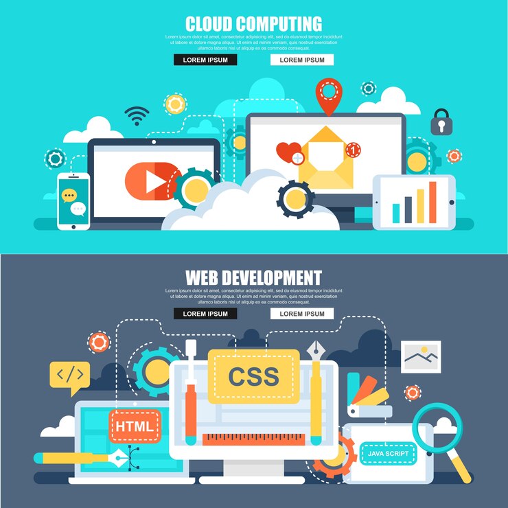 Vector flat concept web banner of cloud technology