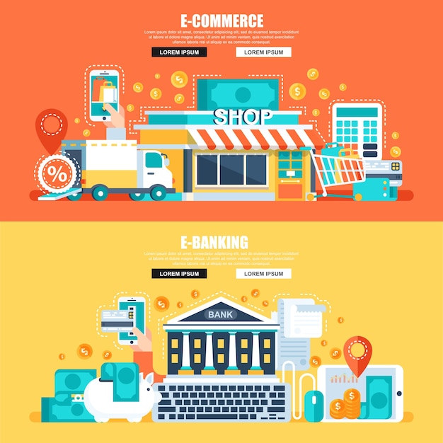 Bandiera di web concetto piatto di e-commerce ed e-banking