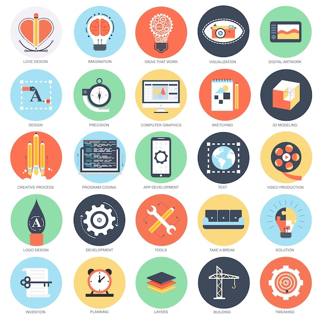 Flat conceptual icon set of creative process