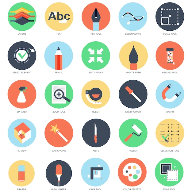 Vector flat conceptual icon set of design tools