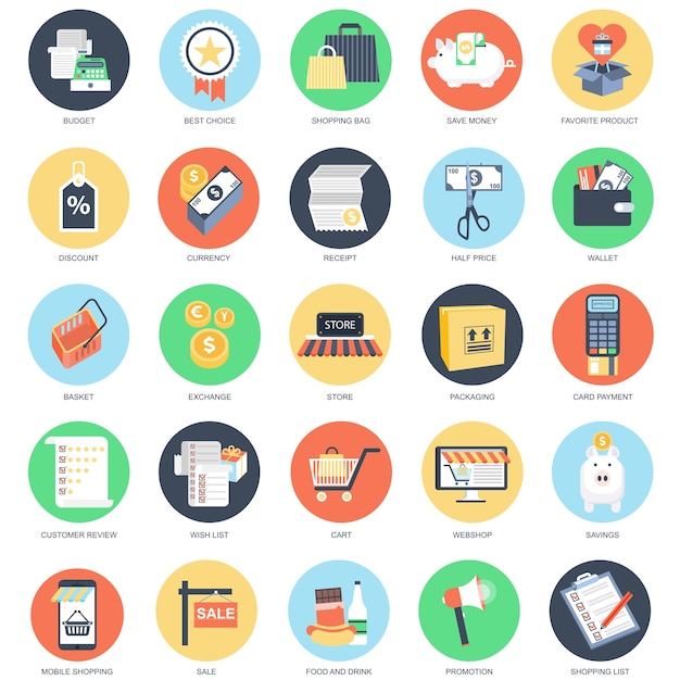 Flat conceptual icon set of e-commerce, internet shopping