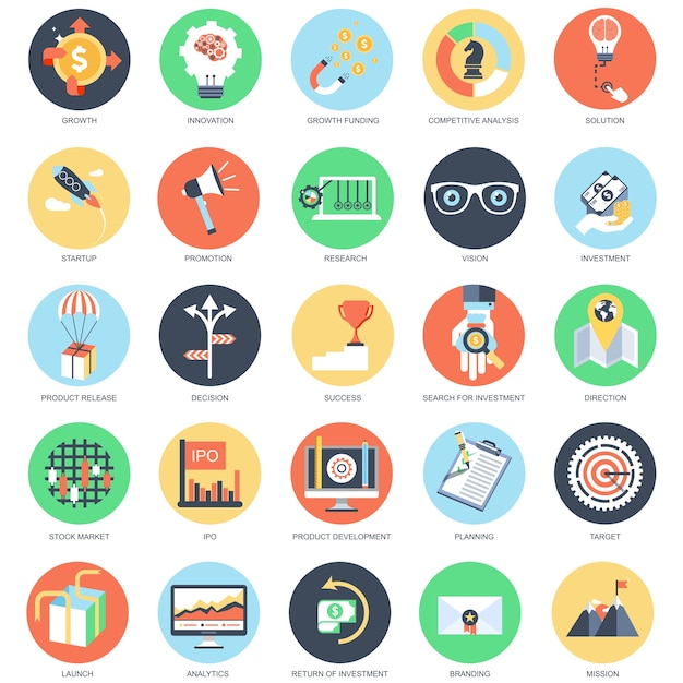 Flat conceptual icon set of office and business