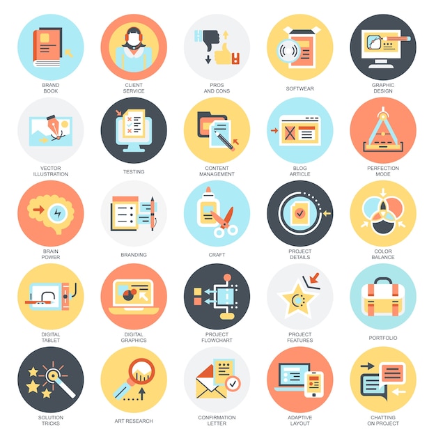 Flat conceptual icons pack of business content management, usability thinking.