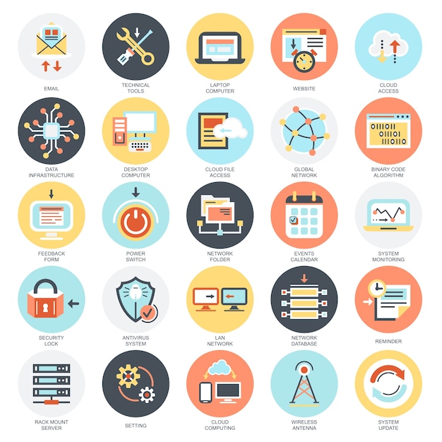 Flat conceptual icons pack of network technology services, global connection.