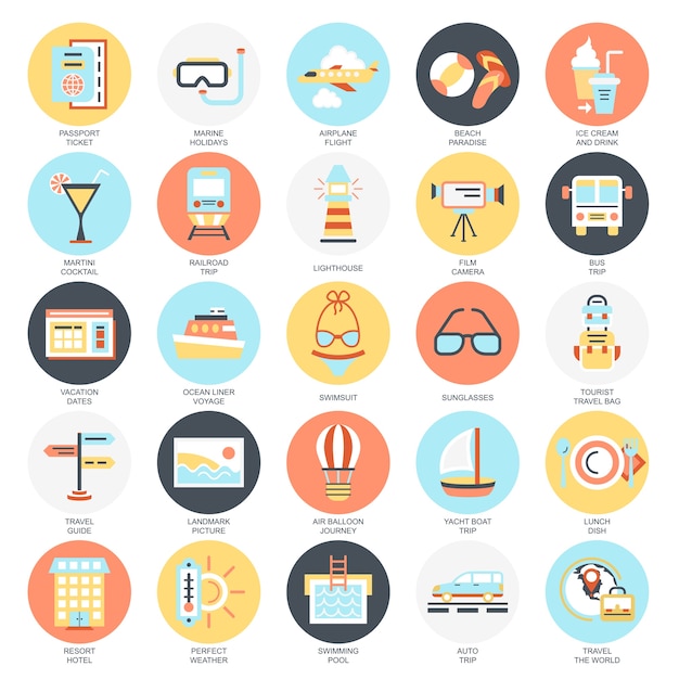 Flat conceptual icons pack of tourism recreation, travel vacation to resort hotel.