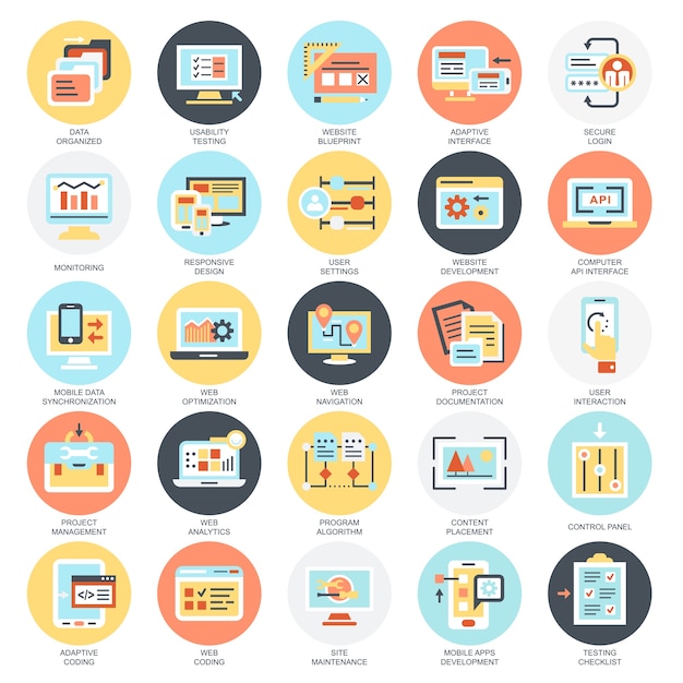 Flat conceptual icons pack of web design and development, web coding.