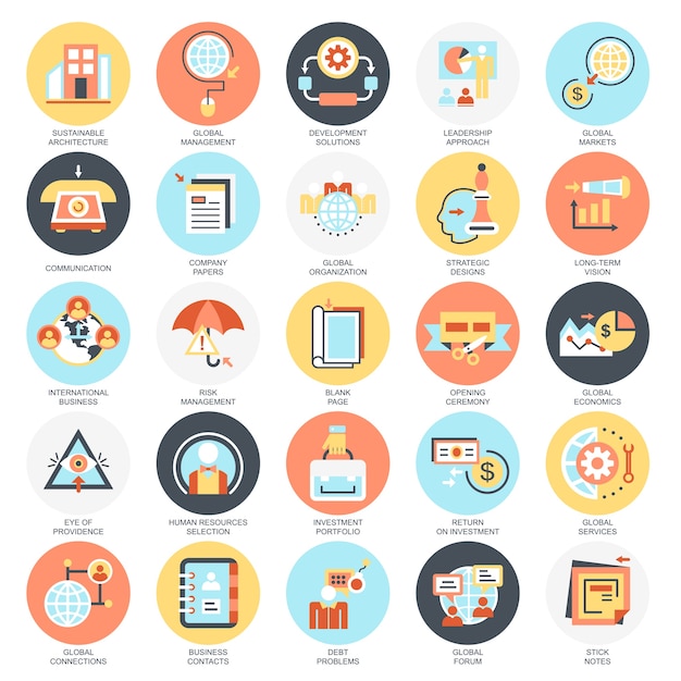 Flat conceptual icons pack of worldwide global business organization and operations.