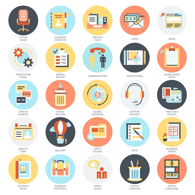 Flat conceptual icons set of business tools, office essential equipment.