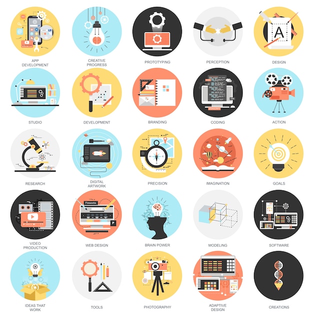 Flat conceptual icons set of creative process, design studio, app.